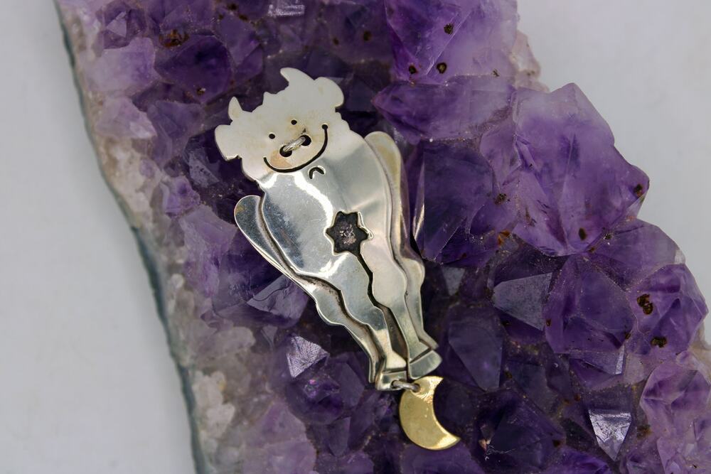 Far Fetched Sterling Silver and Brass Mixed Cow and Moon Brooch